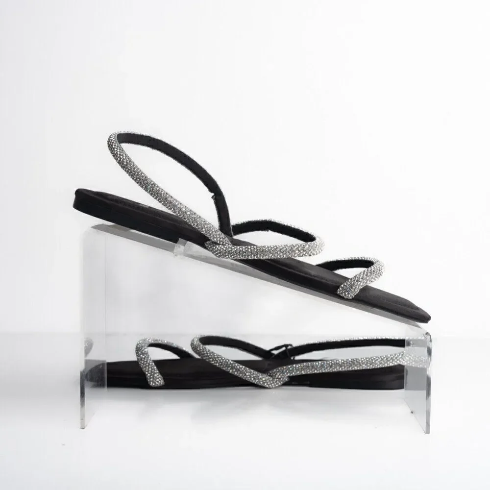 Zara Womens Black Strappy Rhinestone Slingback Flat Sandals Sz US 7.5 EU 38 - Picture 3 of 10